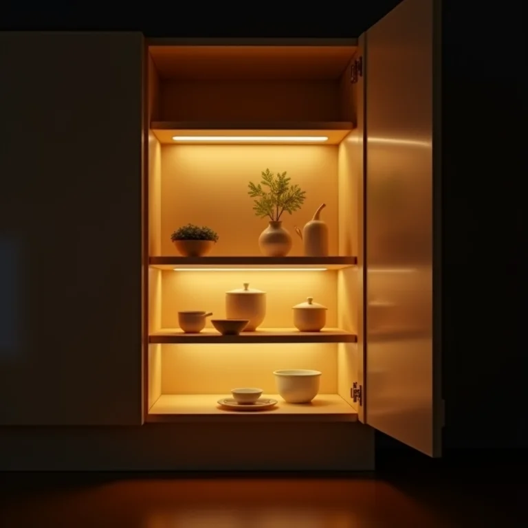 Iluminação interna em armário de cozinha.