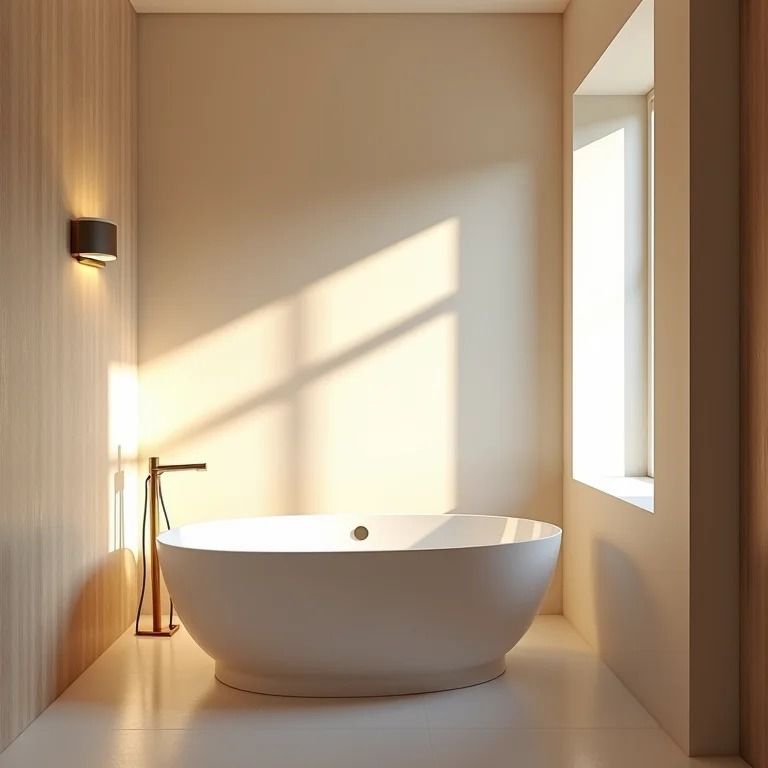 Iluminação suave em banheiro com banheira pequena