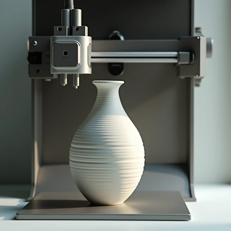 Impressora 3D criando protótipo de vaso de cerâmica.