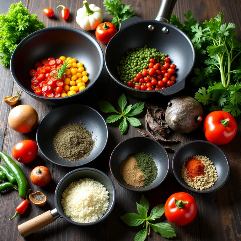 Ingredientes frescos ao lado de diferentes tipos de panelas.