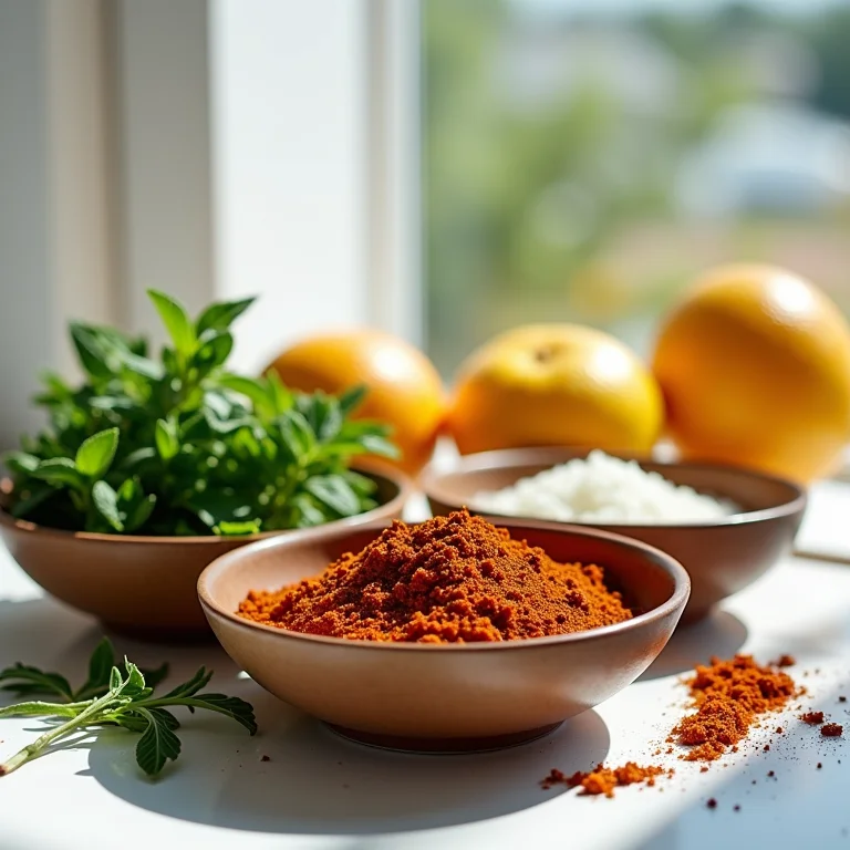 Ingredientes frescos dispostos em pequenos bowls para aromatizar azeite.