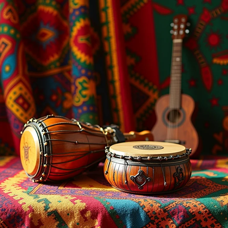 Instrumentos musicais e tecidos artesanais afro-brasileiros com cores vibrantes.