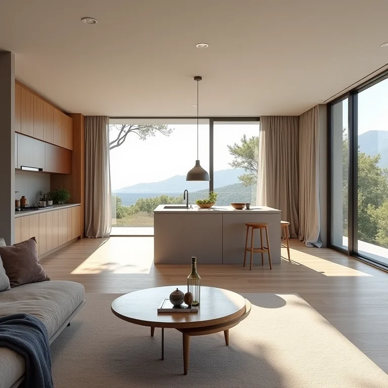 Integração entre sala de estar e cozinha em conceito aberto