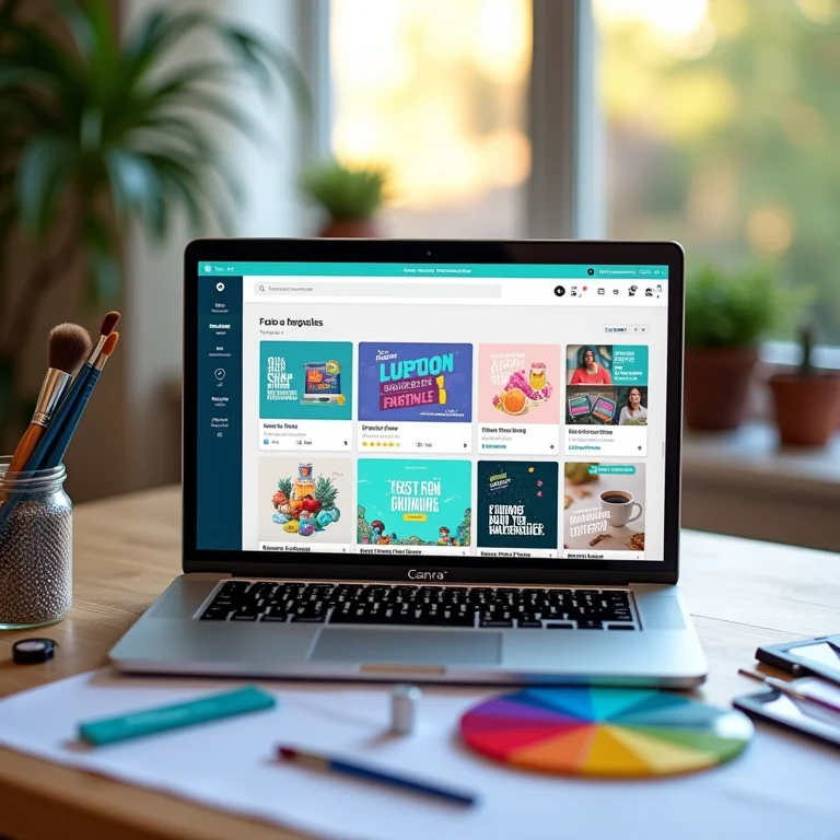 Interface do Canva em um laptop com ferramentas de design gráfico ao redor.