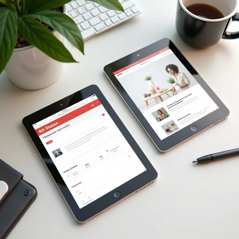 Interfaces do Mailchimp e RD Station em tablets com materiais de marketing.