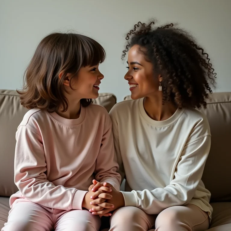 Irmãs de diferentes etnias de mãos dadas e sorrindo uma para a outra.