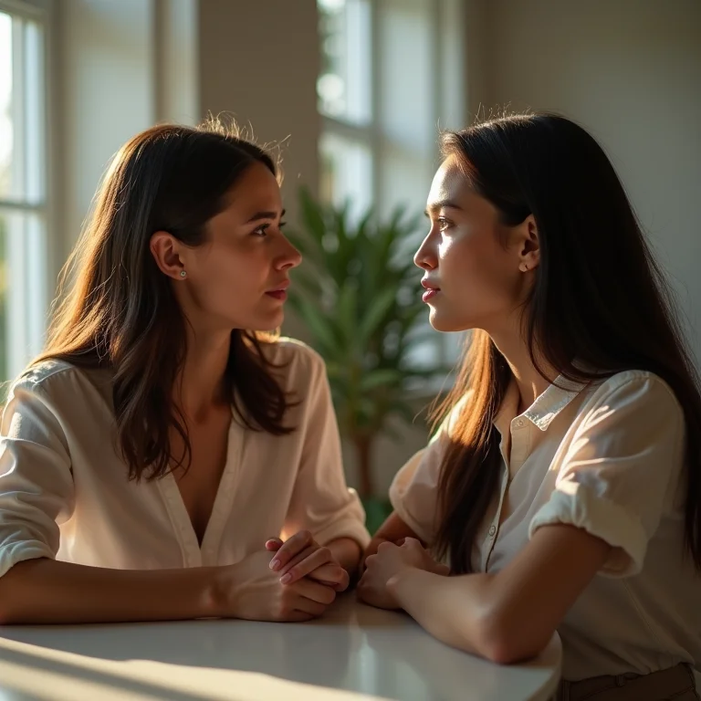 Irmãs tendo uma conversa séria sentadas à mesa.