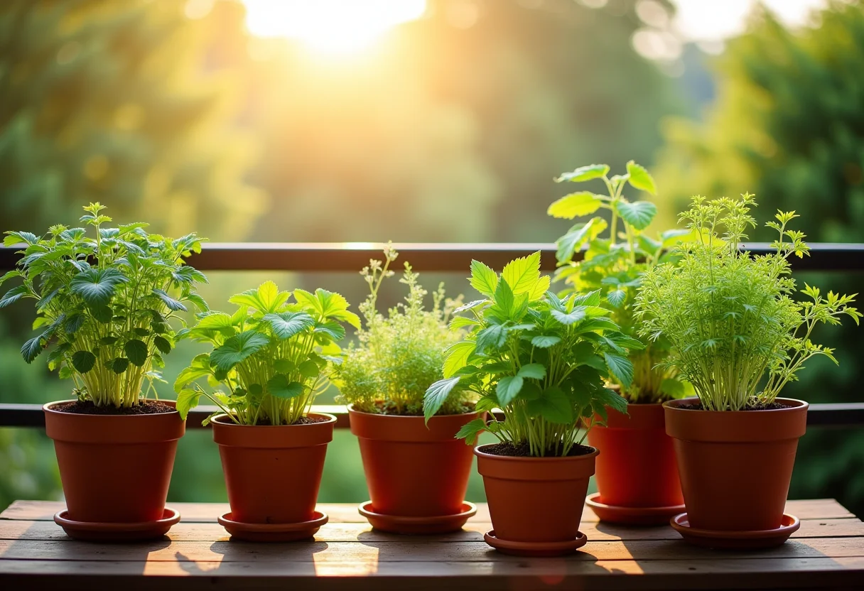 Jardim de ervas aromáticas em vasos numa varanda ensolarada