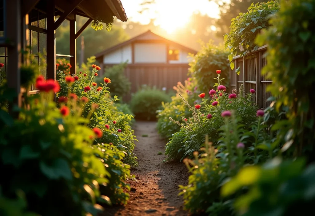Jardim exuberante com diversas plantas e flores.