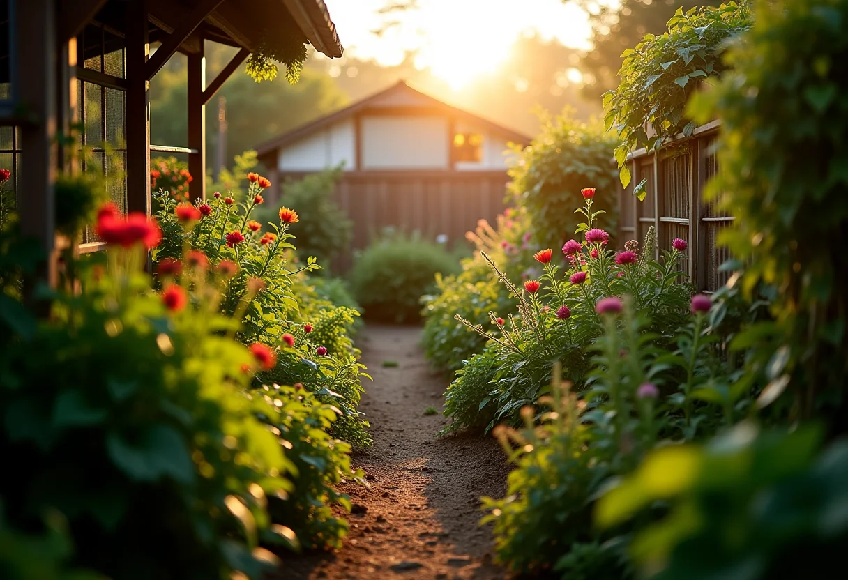 Jardim exuberante com diversas plantas e flores.