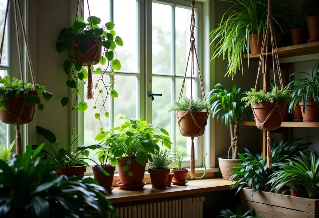 Jardim interno com diversas plantas pendentes.