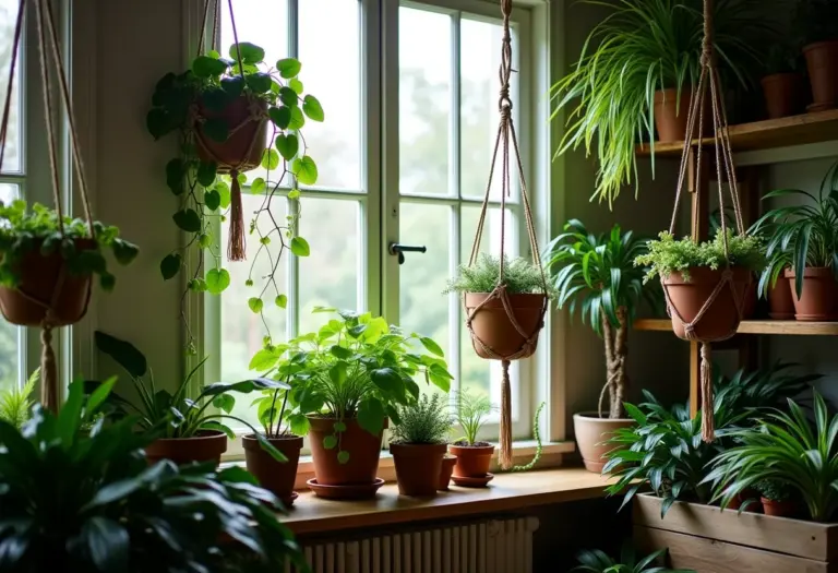 Jardim interno com diversas plantas pendentes.
