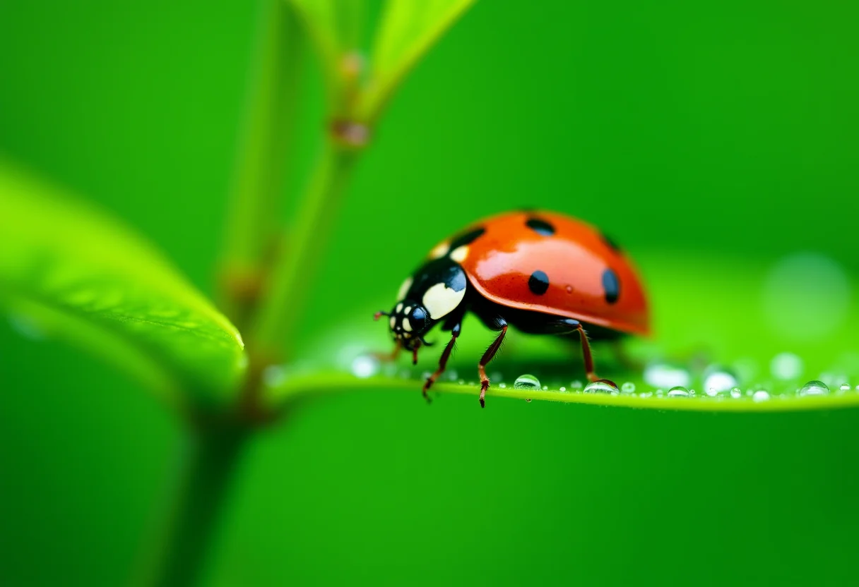 Joaninhas em folhas verdes com gotas de orvalho.
