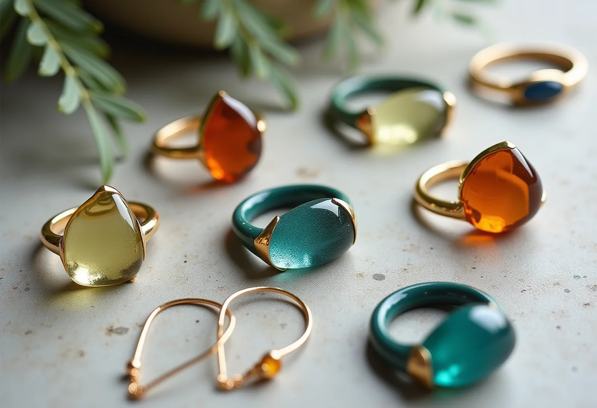 Joias de resina coloridas e texturizadas em fundo de concreto