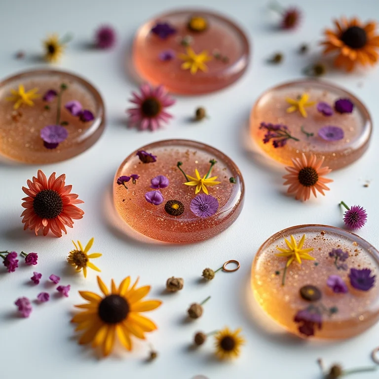 Joias de resina finalizadas cercadas por materiais utilizados na sua criação