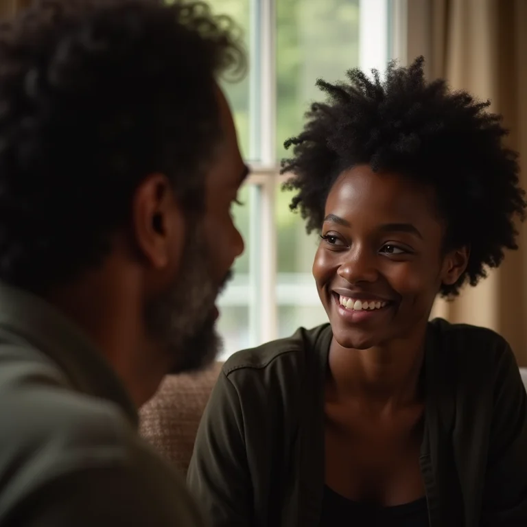 Jovem sorri enquanto ouve um senhor contando história.