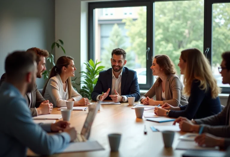 Jovens profissionais diversos trocando ideias em ambiente de trabalho moderno