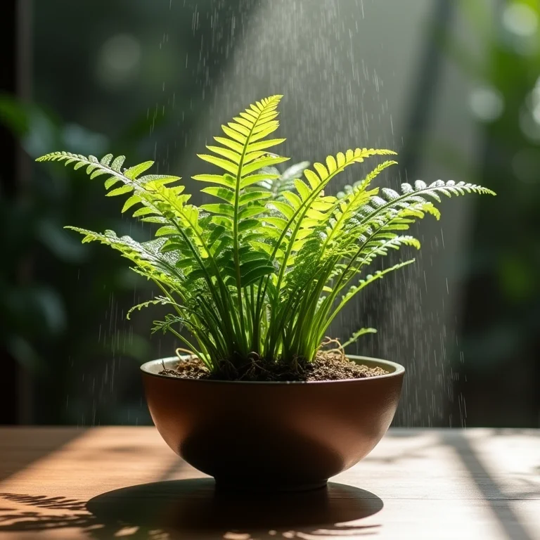 Kokedama com samambaias sendo borrifada com água