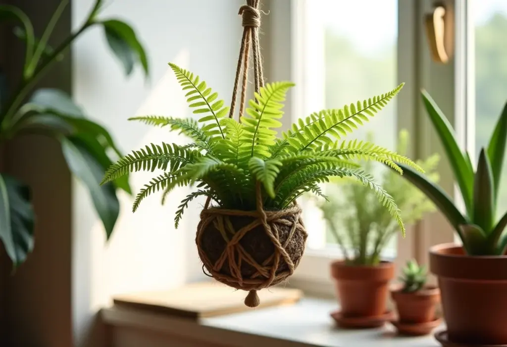 Kokedama com samambaias: O segredo para um lar mais verde Kokedama de samambaias pendurada em sala de estar iluminada