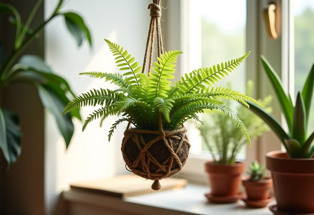 Kokedama de samambaias pendurada em sala de estar iluminada