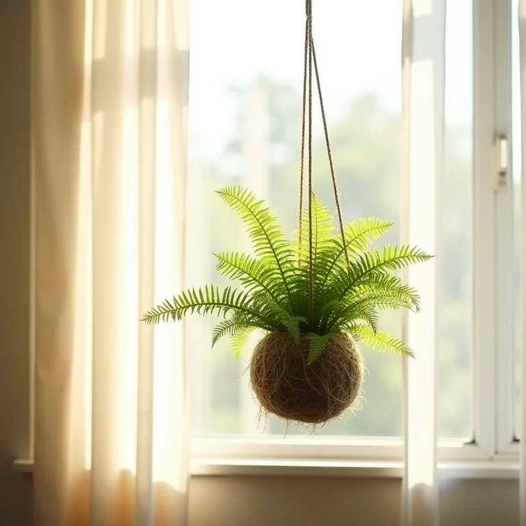 Kokedama de samambaias pendurada perto de janela com cortina translúcida
