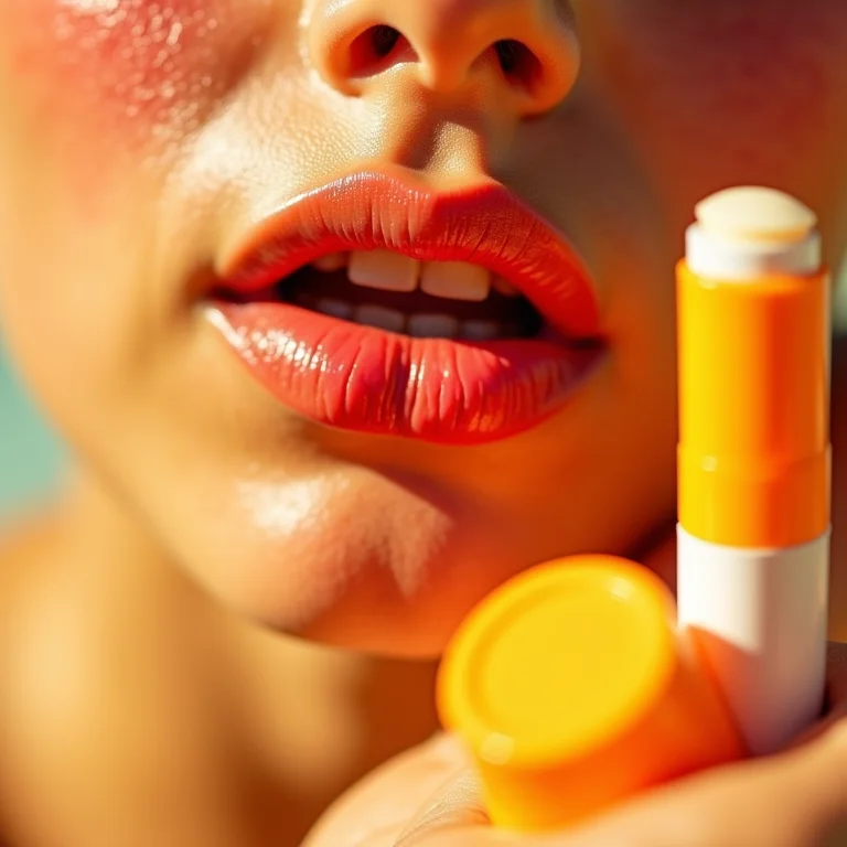 Lábios queimados de sol com protetor labial ao lado