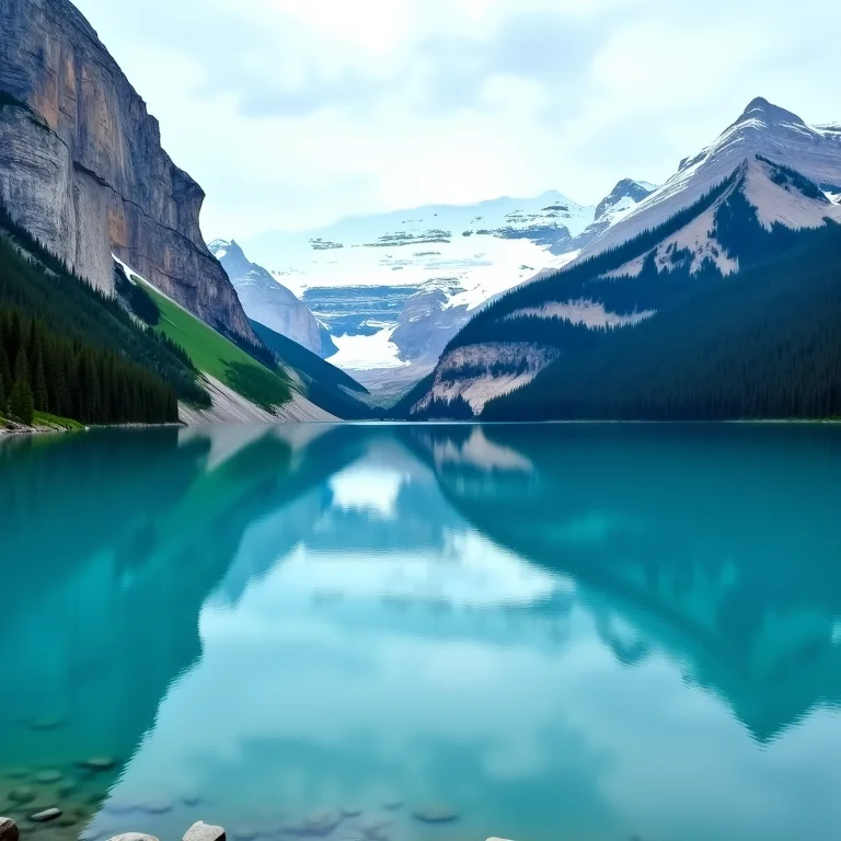 Lago turquesa sereno refletindo as montanhas nevadas no Parque Nacional de Banff.