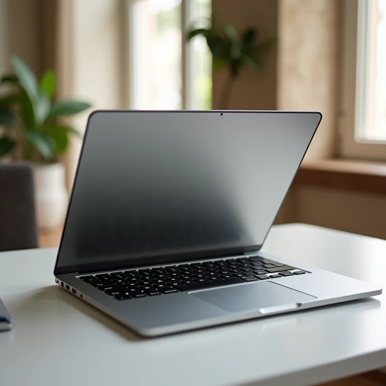 Laptop cinza eletrônico em setup de mesa minimalista.