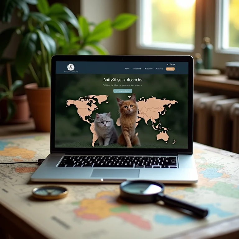 Laptop mostrando site de projetos de resgate animal com lupa, mapa e bússola