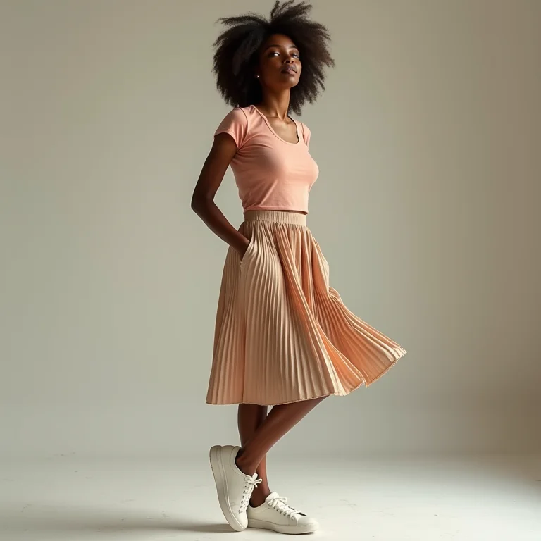 Look casual com saia midi plissada e tênis