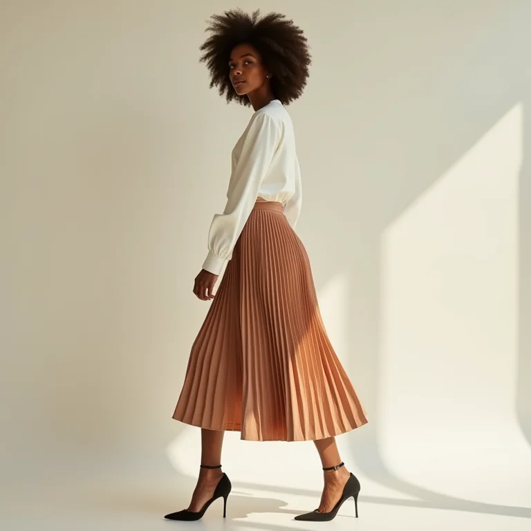 Look elegante com saia midi plissada e salto alto