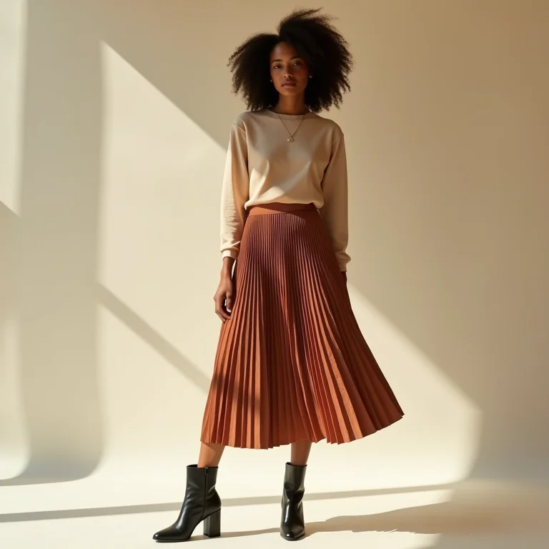 Look moderno com saia midi plissada e bota
