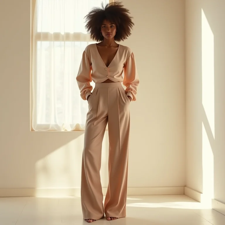 Look monocromático com calça e blusa alongando a silhueta