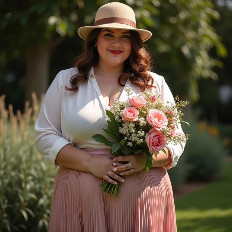 Look romântico com saia plissada e chapéu cloche