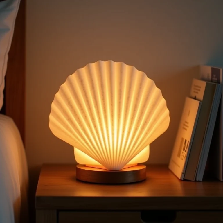 Luminária artesanal de conchas iluminando um quarto