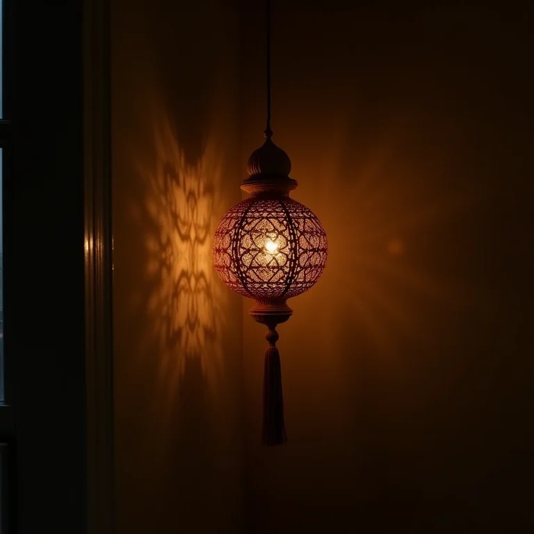 Luminária de macramê pendurada no teto, emitindo luz quente.