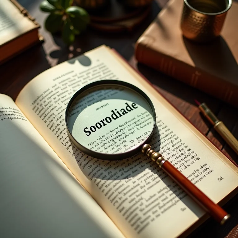 Lupa focando na palavra 'Sororidade' em um livro feminista
