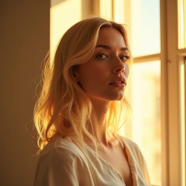 Luz natural realçando o loiro dourado em cabelo feminino