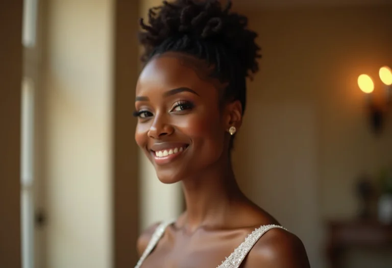 Madrinha de casamento sorrindo com penteado elegante