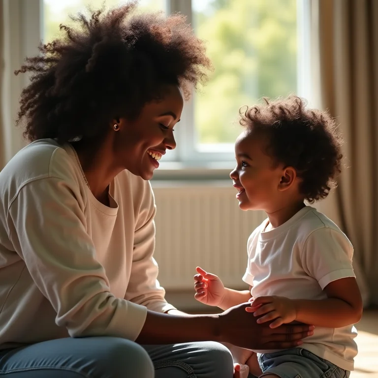 Mãe conversando com o filho em tom gentil.