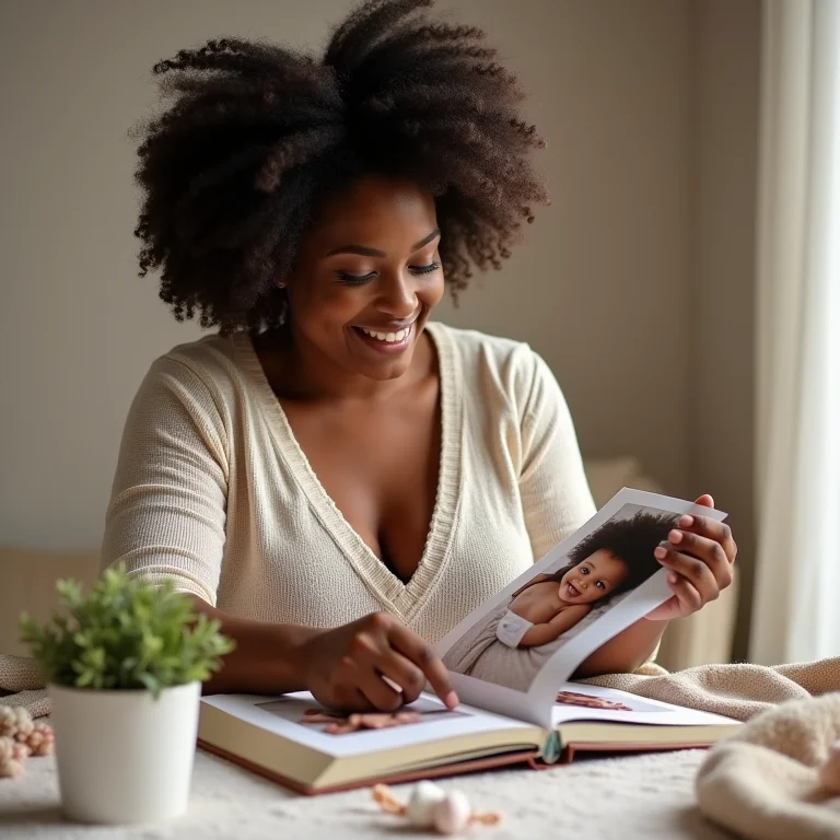 Mãe criando um scrapbook de bebê com fotos e recordações
