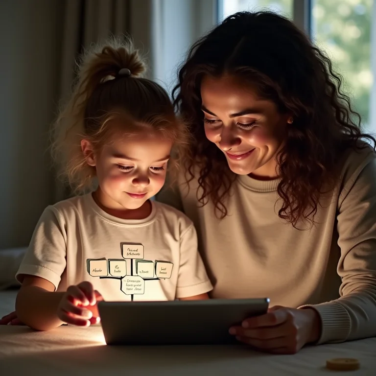 Mãe e filha escolhendo um modelo de árvore genealógica em um tablet
