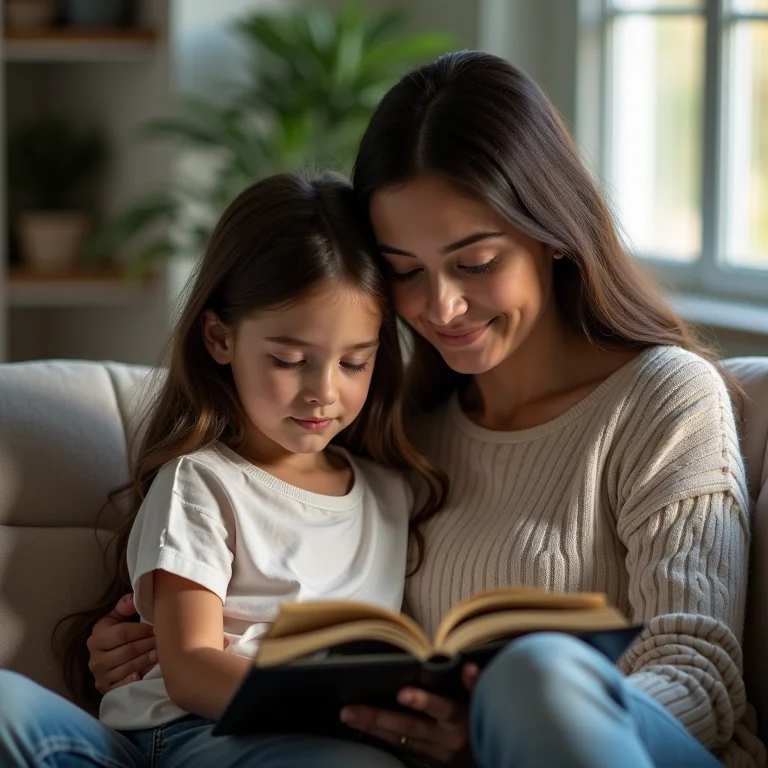 Mãe e filha lendo um livro juntas no sofá.