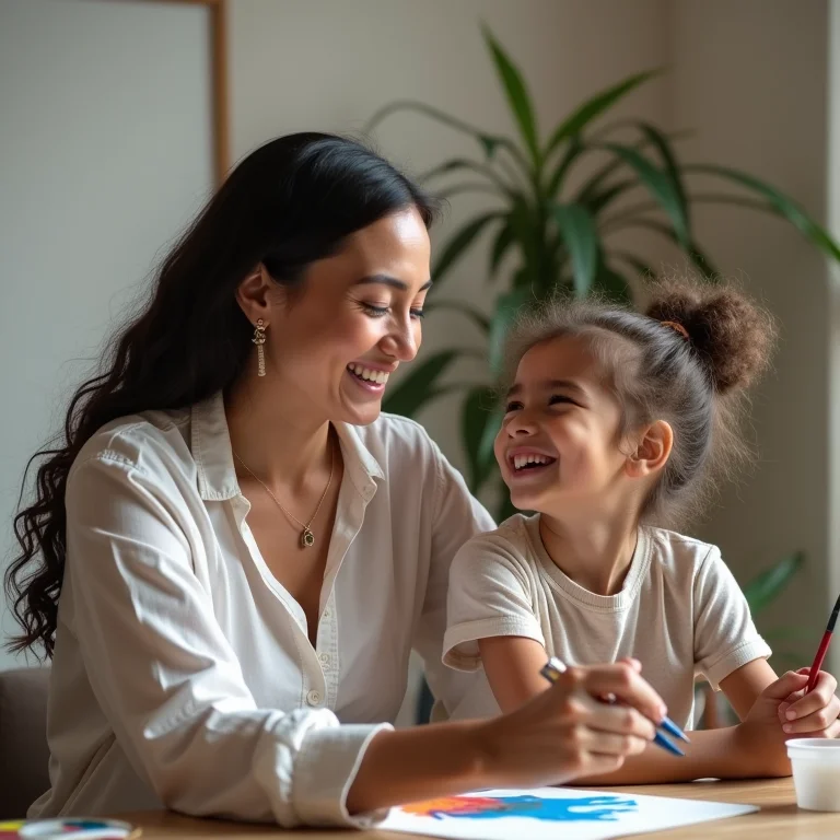 Mãe e filha rindo juntas enquanto pintam em casa.