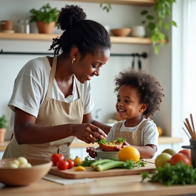 Mãe e filho preparando refeição saudável juntos