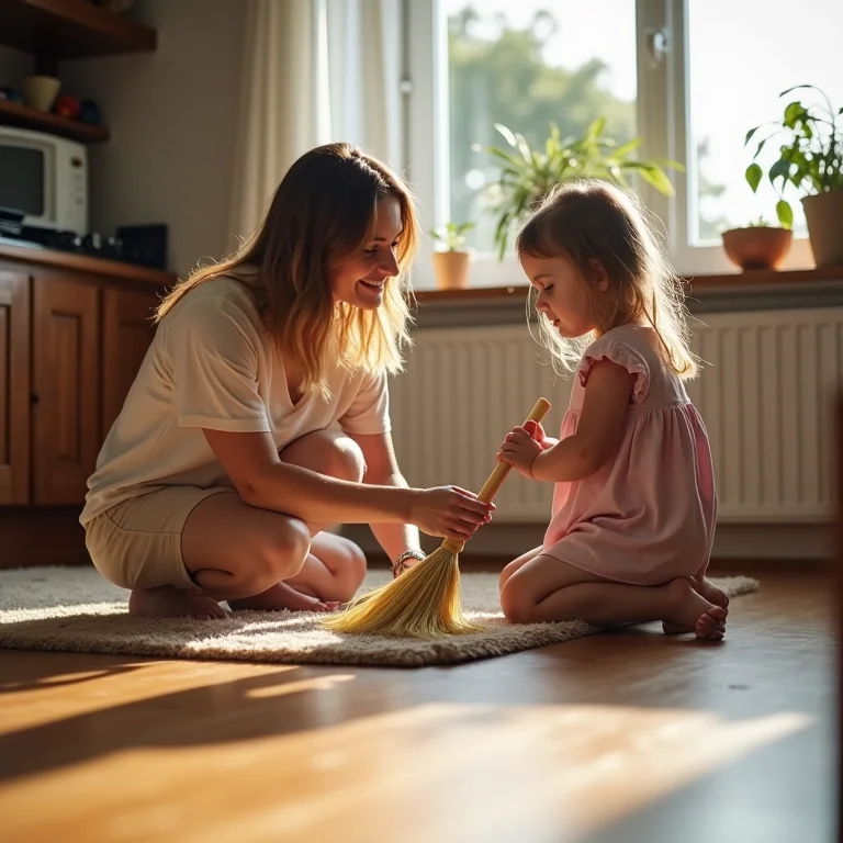 Mãe ensinando filha a varrer o chão, delegando tarefas adequadas à idade.