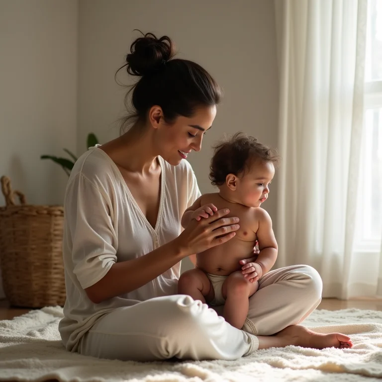 Mãe incentivando bebê a sentar com liberdade