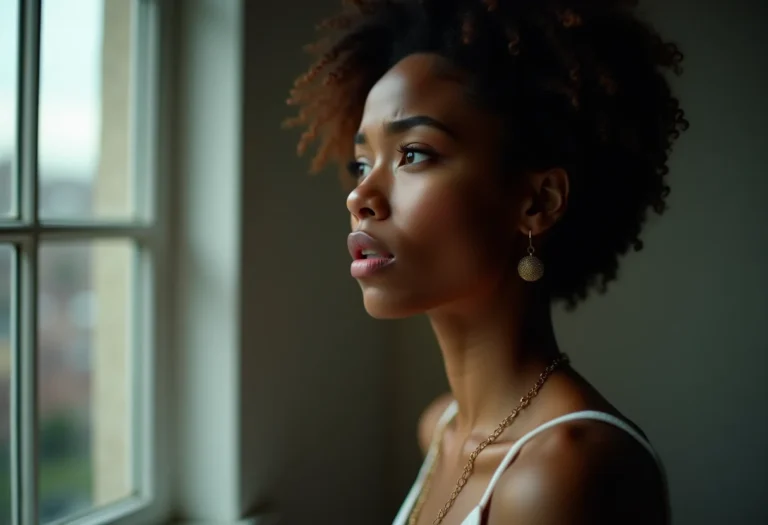 Mãe preocupada olhando pela janela