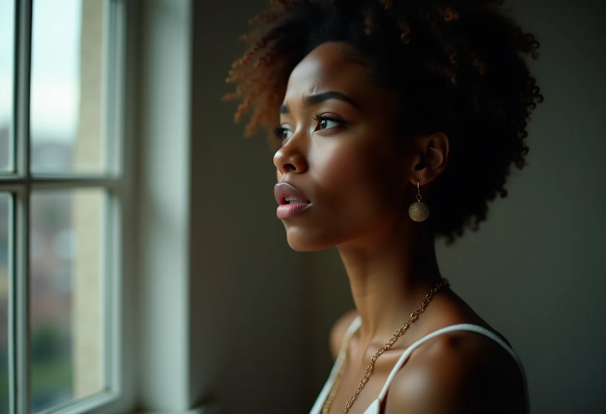 Mãe preocupada olhando pela janela