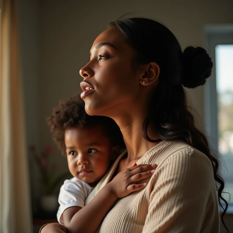 Mãe respirando fundo para manter a calma.